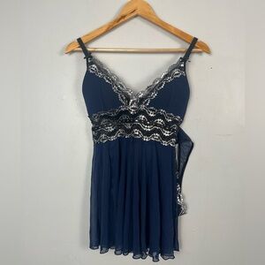 NWT Yandy.com Sexy Mesh Lace Lingerie Babydoll G-String Set size S Blue Silver